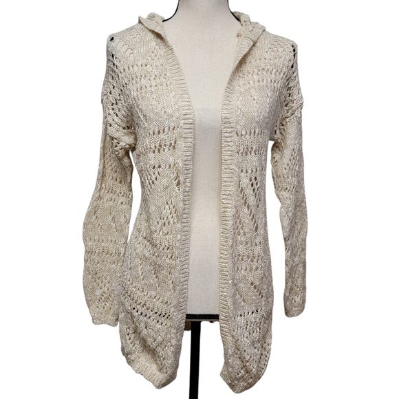 SO Beige Gold Cardigan Sweater Juniors‎ Sz S Metallic Weave Hood Beachy Coastal - Picture 1 of 7
